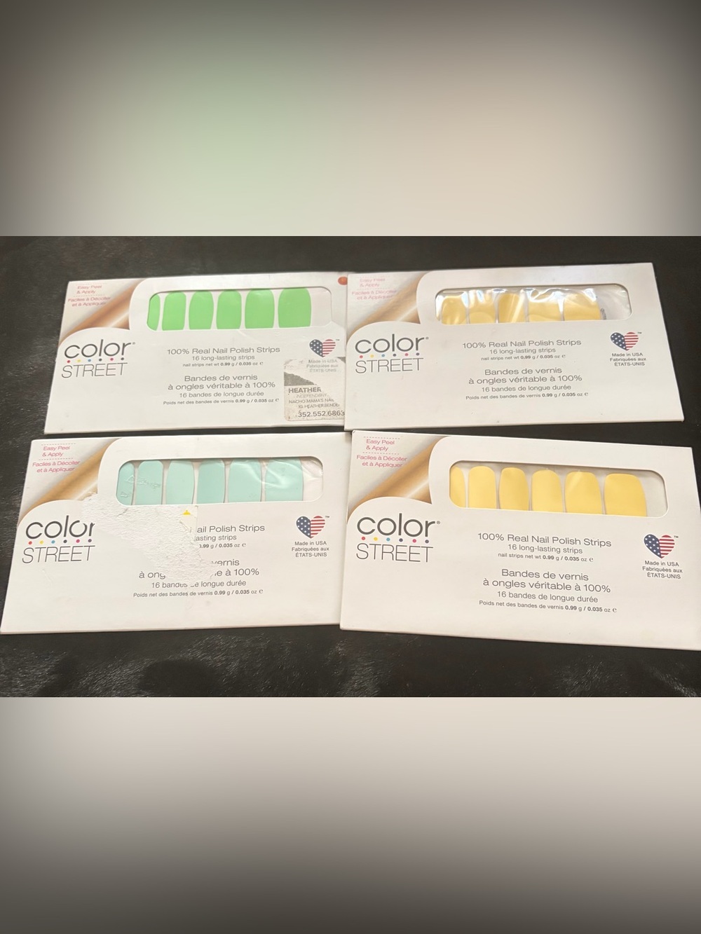 4 COLOR STREET NAIL POLISH STRIPS , BELGIAN  BUTTER CUP, CHILLADELPHIA. KILOWATT